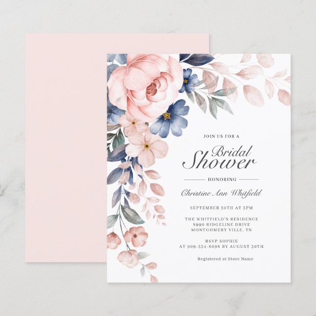 Budget Roze Blauwe Floral Bridal Shower Uitnodigin (Voorkant / Achterkant)