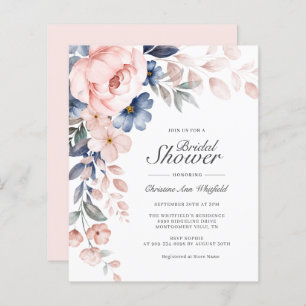 Budget Roze Blauwe Floral Bridal Shower Uitnodigin