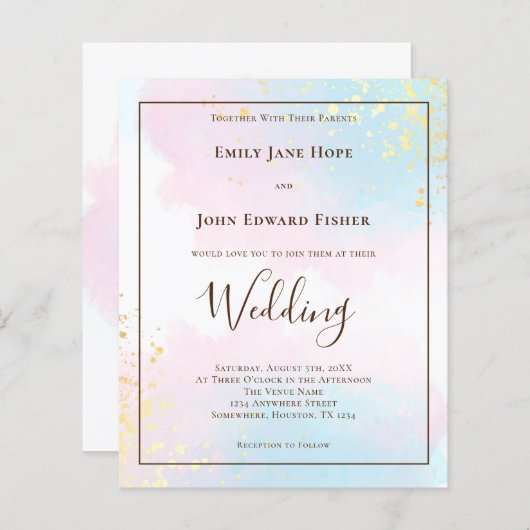 Budget roze Blauwgroen Waterverf huwelijksuitnodig (Voorkant / Achterkant)