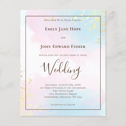 Budget roze Blauwgroen Waterverf huwelijksuitnodig (Voorkant)