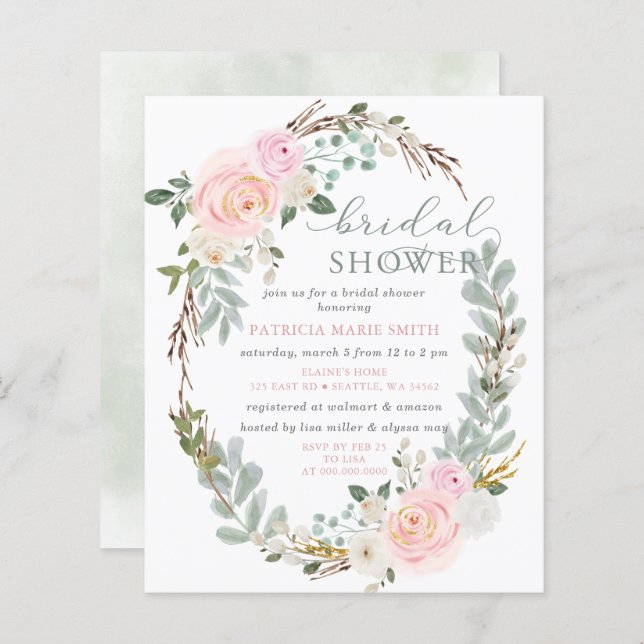 Budget Roze Bloem Bruidsfeest Uitnodiging (Voorkant / Achterkant)