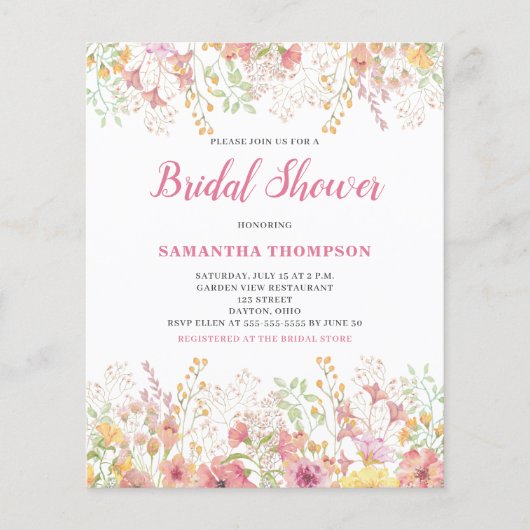 Budget Roze Bloemachtige Bruiloftsshower Uitnodigi Flyer (Voorkant)