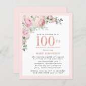 BUDGET Roze Bloemen 100e verjaardag Uitnodiging (Voorkant / Achterkant)