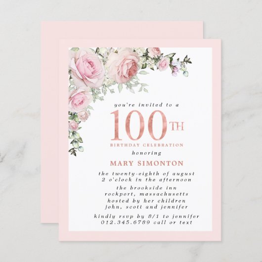 BUDGET Roze Bloemen 100e verjaardag Uitnodiging (Voorkant / Achterkant)