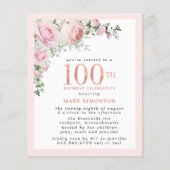 BUDGET Roze Bloemen 100e verjaardag Uitnodiging (Voorkant)
