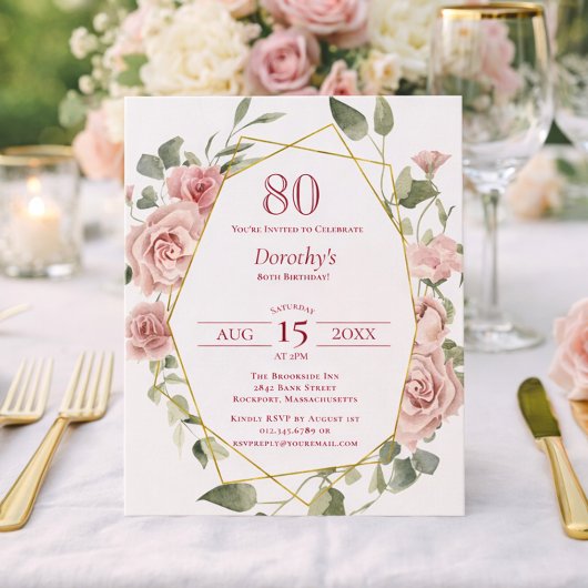 Budget Roze Bloemen 80e Verjaardagsuitnodiging