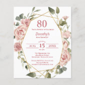 Budget Roze Bloemen 80e Verjaardagsuitnodiging (Voorkant)