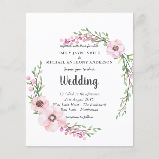 Budget Roze Bloemen Bladeren Trouw Uitnodiging (Voorkant)