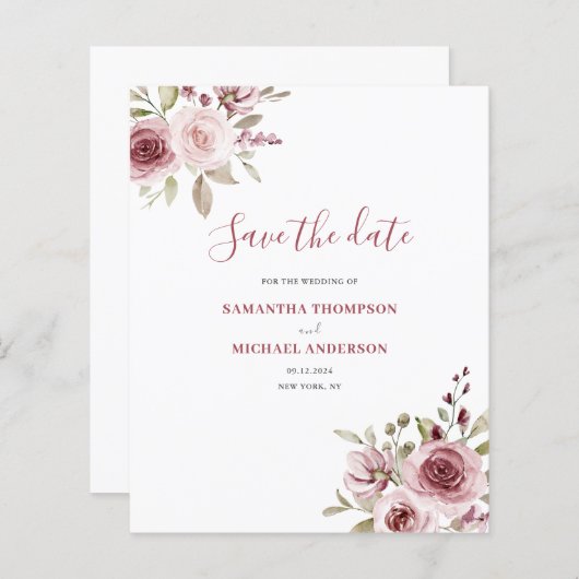 Budget Roze Bloemen Bruiloft Save The Date (Voorkant / Achterkant)