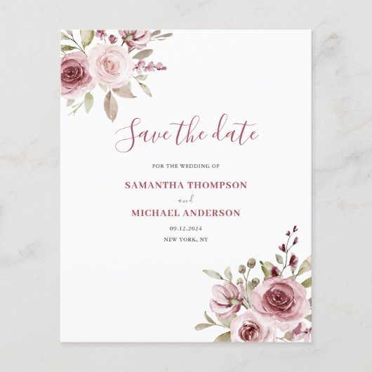 Budget Roze Bloemen Bruiloft Save The Date (Voorkant)