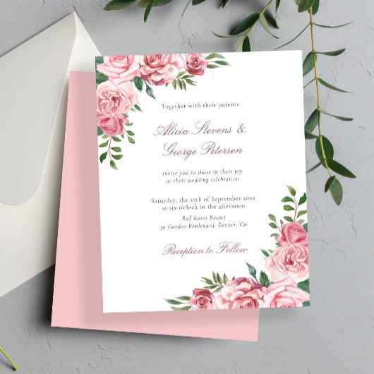 Budget roze bloemen bruiloft uitnodiging