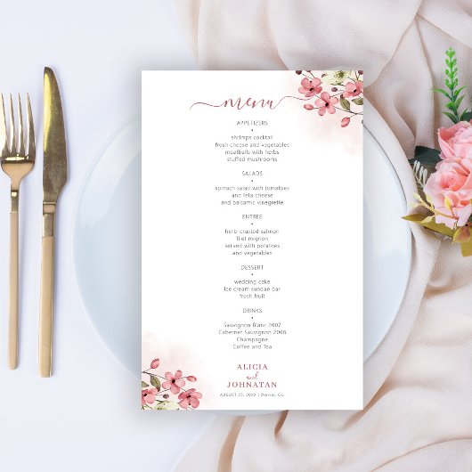 Budget roze bloemen bruiloftsmenu flyer