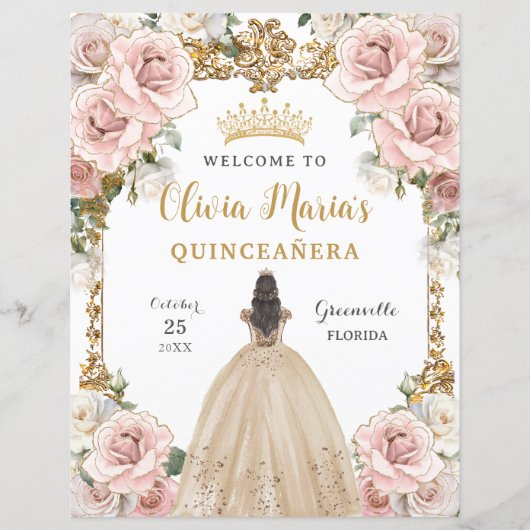 Budget Roze Bloemen Champagne Gown Quinceañera Tek (Voorkant)