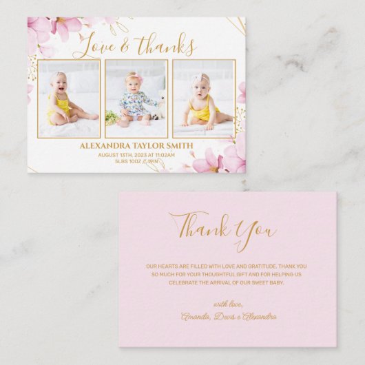 Budget roze bloemen Foto Baby Hartelijk dank Notitiekaartje (Voorkant / Achterkant)