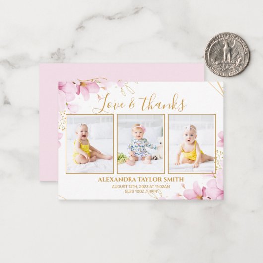 Budget roze bloemen Foto Baby Hartelijk dank Notitiekaartje (Voorkant / Achterkant in situ)