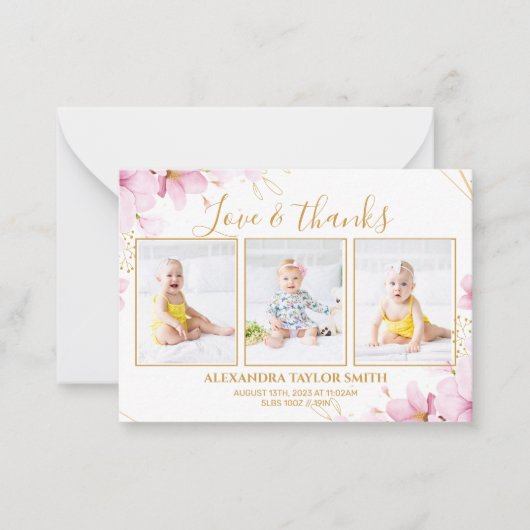 Budget roze bloemen Foto Baby Hartelijk dank Notitiekaartje (Voorkant)