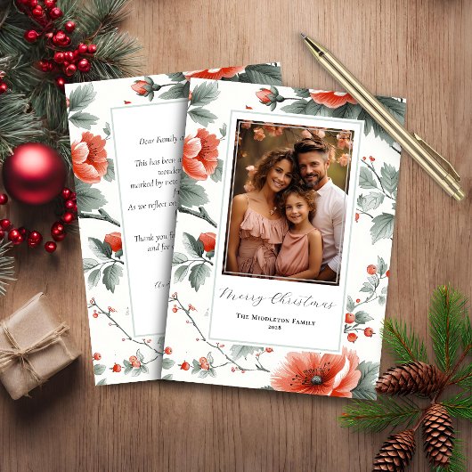 Budget Roze Bloemen Foto Kerst Kaart