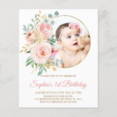 Budget roze bloemen & Gold First Birthday Uitnodig (Voorkant)