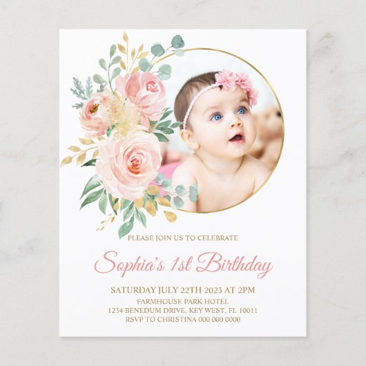 Budget roze bloemen & Gold First Birthday Uitnodig (Voorkant)