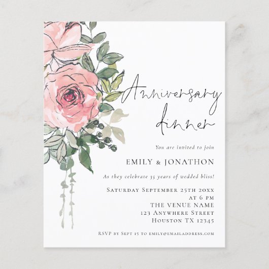 Budget Roze Bloemen Jubileum Eetkamer Uitnodiging (Voorkant)