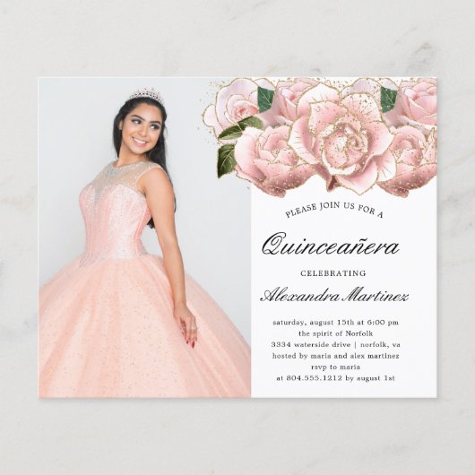 Budget Roze Bloemen Quinceanera Foto uitnodiging Flyer (Voorkant)