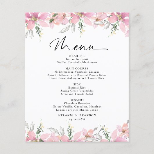 Budget Roze Bloemen Trouwmenu (Voorkant)