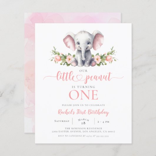 Budget Roze Bloemige Olifant Meisje 1e Verjaardag (Voorkant / Achterkant)