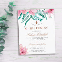 Budget roze bloemrijke elegante doop uitnodiging