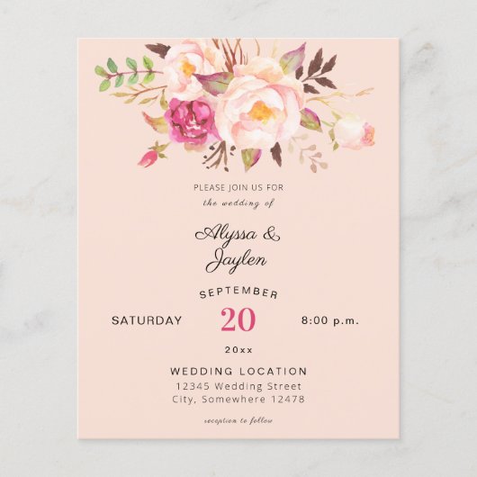 Budget Roze Blush Bloemig Perzik Roze Trouwflyer Flyer (Voorkant)