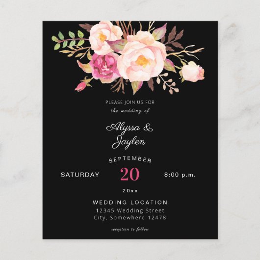 Budget Roze Blush Floral Black Wedding (Voorkant)