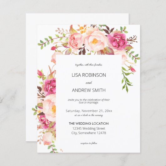 Budget Roze Blush Floral White 2 Weddenschap (Voorkant / Achterkant)