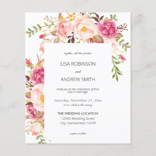 Budget Roze Blush Floral White V2 Wedding Flyer (Voorkant)