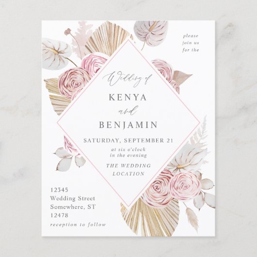 Budget Roze Boho Bloemen Bruiloft Flyer (Voorkant)