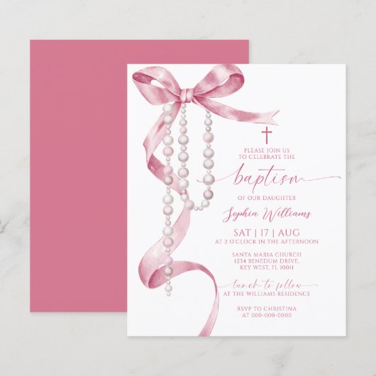Budget Roze Boog & Rozenkrans Doopsel Uitnodiging (Voorkant / Achterkant)