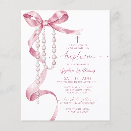 Budget Roze Boog & Rozenkrans Doopsel Uitnodiging (Voorkant)