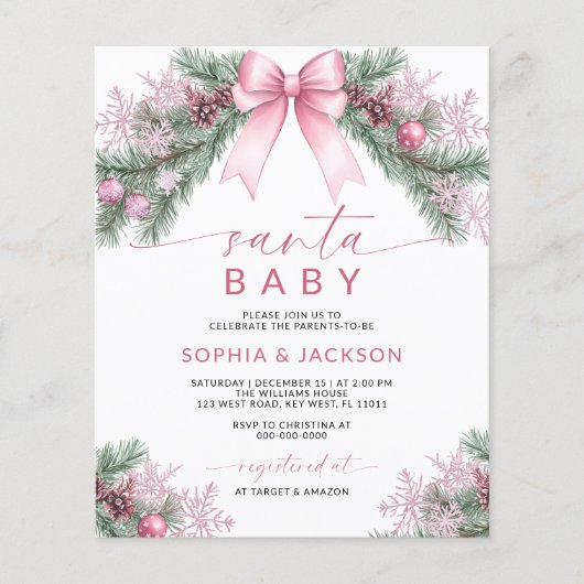 Budget Roze Bow Christmas Santa Baby shower Uitnod (Voorkant)