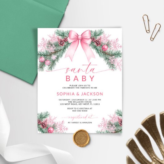 Budget Roze Bow Christmas Santa Baby shower Uitnod
