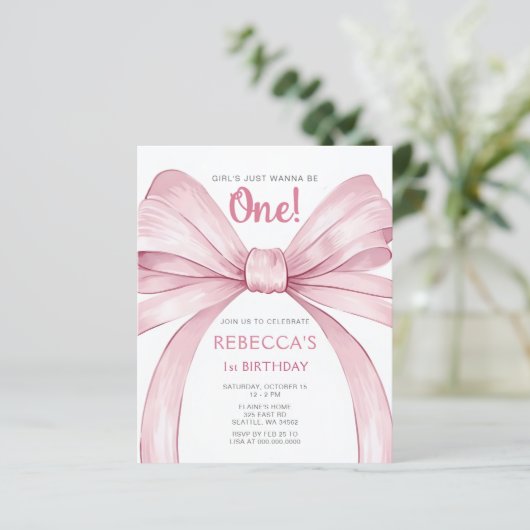 Budget Roze Bow Coquette Eerste Verjaardag Uitnodi (Staand voorkant)