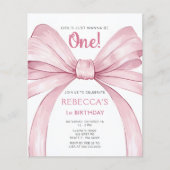 Budget Roze Bow Coquette Eerste Verjaardag Uitnodi (Voorkant)