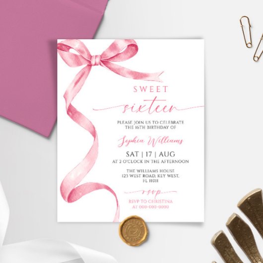 Budget Roze Bow Sweet 16 Verjaardag Uitnodiging