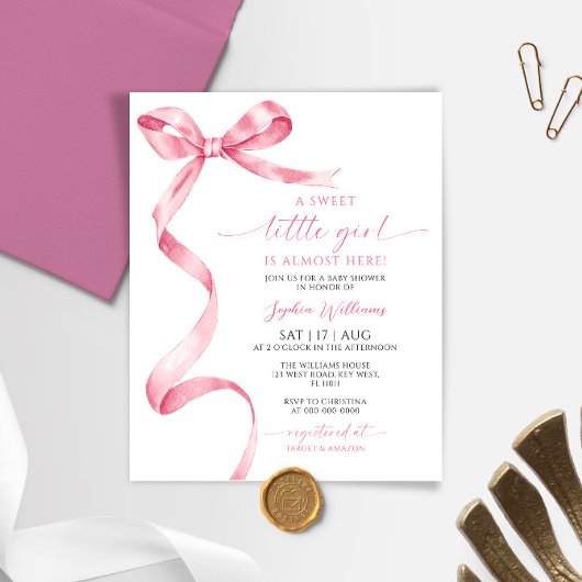 Budget Roze Bow Sweet Girl Baby shower Uitnodiging
