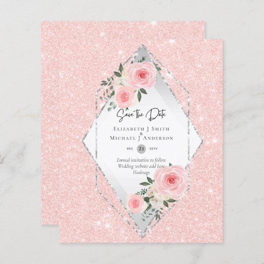 BUDGET Roze Bruidsroos All-in-1 Trouw Datumkaart (Voorkant / Achterkant)