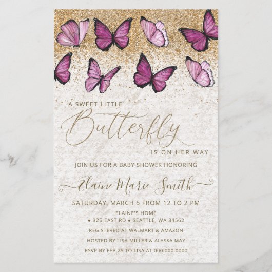 Budget roze Butterfly Baby shower Uitnodiging (Voorkant)