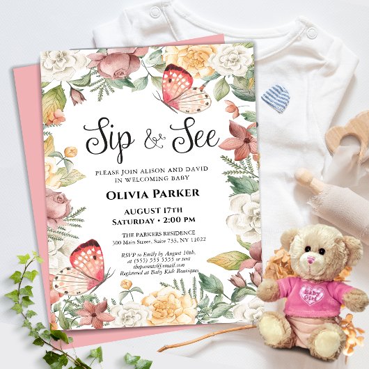 Budget roze Butterfly Girl Baby Sip en zie Invite