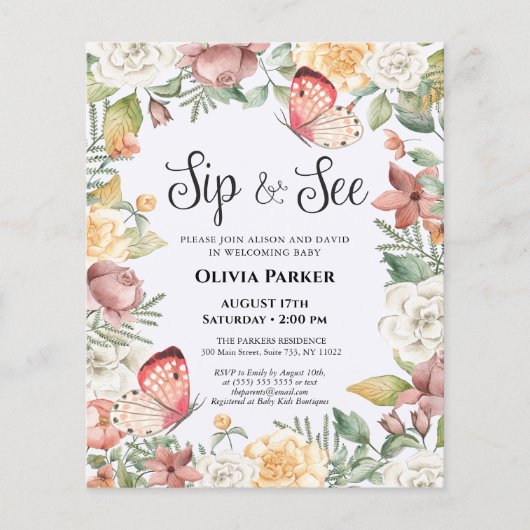 Budget roze Butterfly Girl Baby Sip en zie Invite (Voorkant)