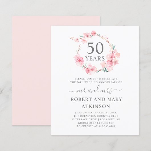 Budget Roze Cherry Blossom 50th Jubileum Invite (Voorkant / Achterkant)