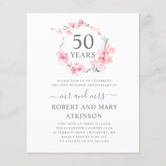 Budget Roze Cherry Blossom 50th Jubileum Invite (Voorkant)