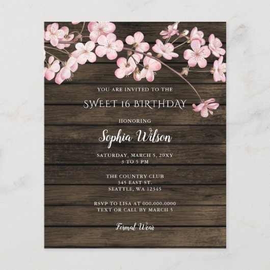 Budget roze Cherry Blossom zoete 16 Uitnodiging (Voorkant)