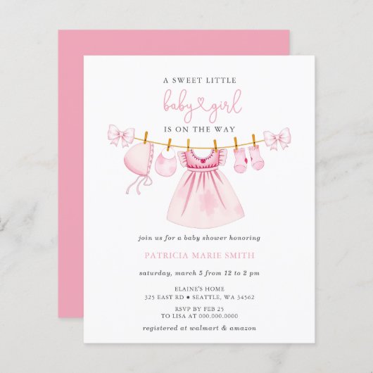 Budget Roze Clothesline Bow Girl Baby shower (Voorkant / Achterkant)