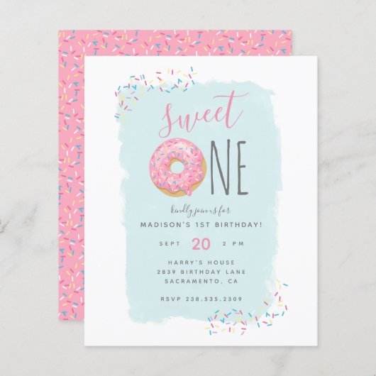 Budget roze Doughnut Sprinkle Sweet 1st verjaardag (Voorkant / Achterkant)